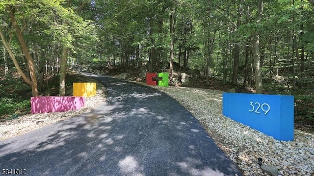 view of road with a forest view