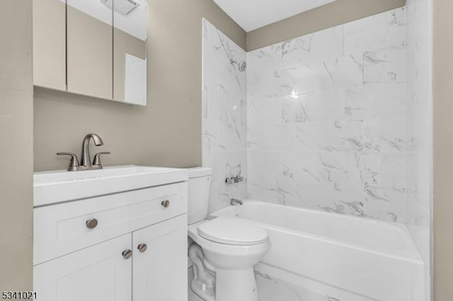 bathroom featuring toilet, visible vents, vanity, marble finish floor, and shower / washtub combination