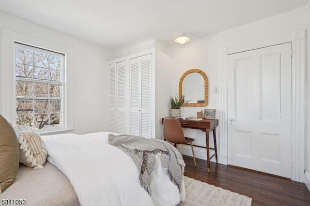 bedroom with wood finished floors and two closets