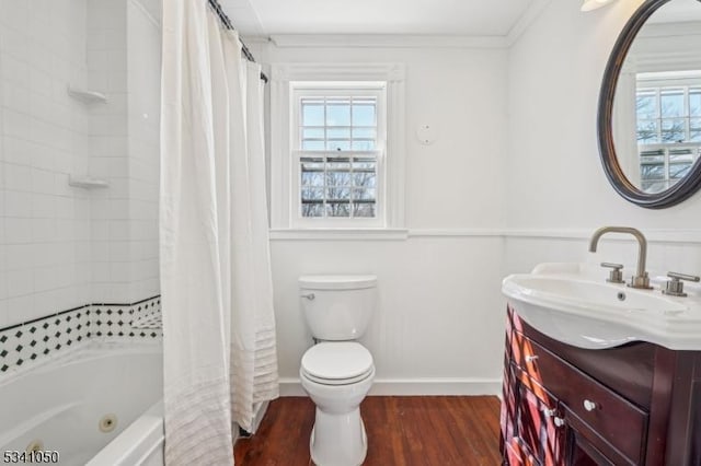 bathroom with vanity, wood finished floors, baseboards, crown molding, and toilet