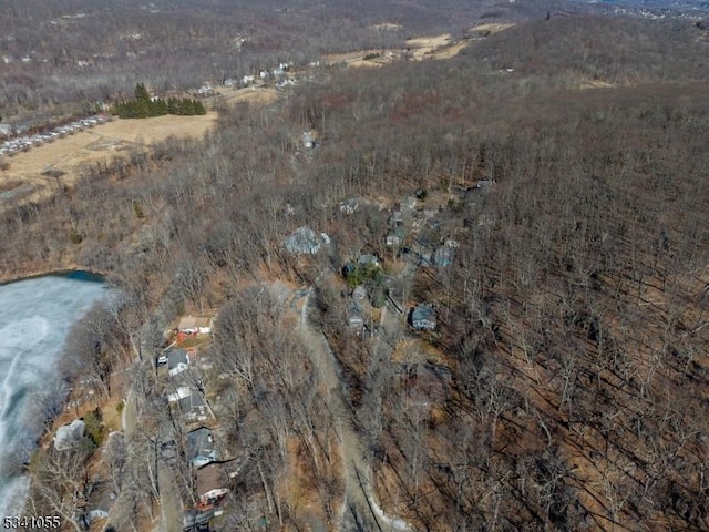 aerial view featuring a water view and a wooded view