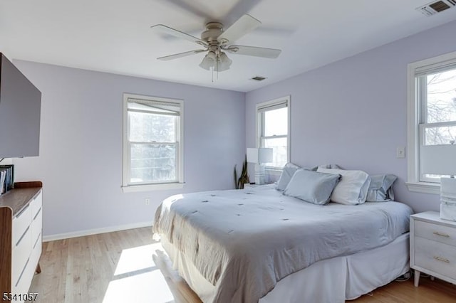 bedroom featuring a ceiling fan, baseboards, visible vents, and light wood finished floors