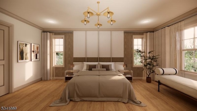 bedroom featuring light wood-type flooring, baseboards, and ornamental molding