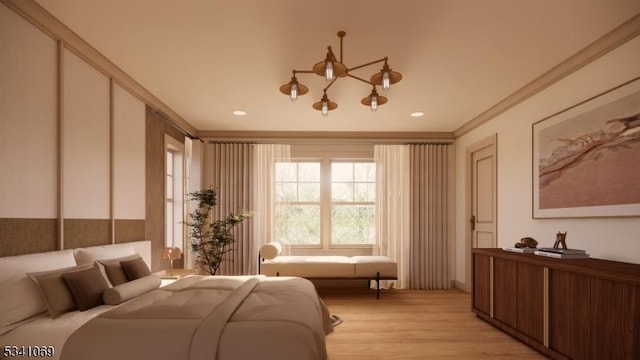 bedroom with ornamental molding, light wood-type flooring, and recessed lighting