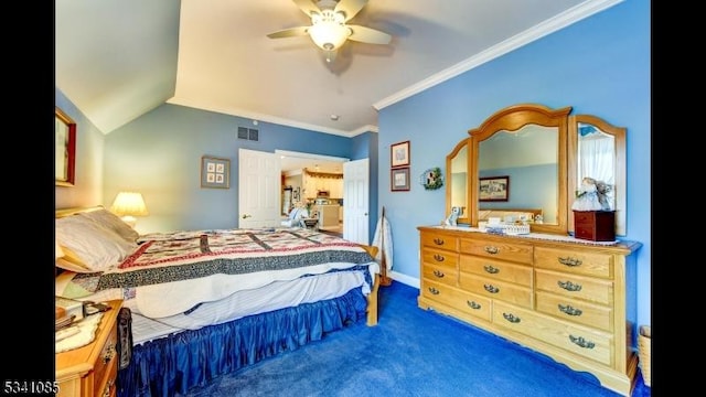 bedroom featuring ceiling fan, carpet flooring, visible vents, vaulted ceiling, and crown molding