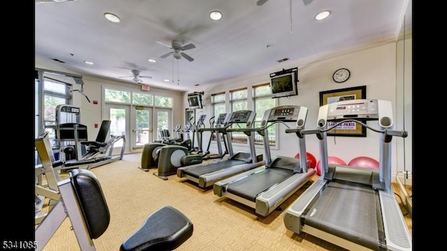 workout area with carpet floors, recessed lighting, french doors, and ceiling fan