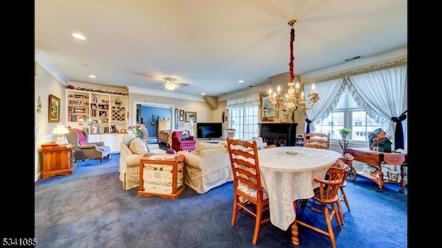 dining area featuring recessed lighting, dark carpet, a fireplace, and crown molding