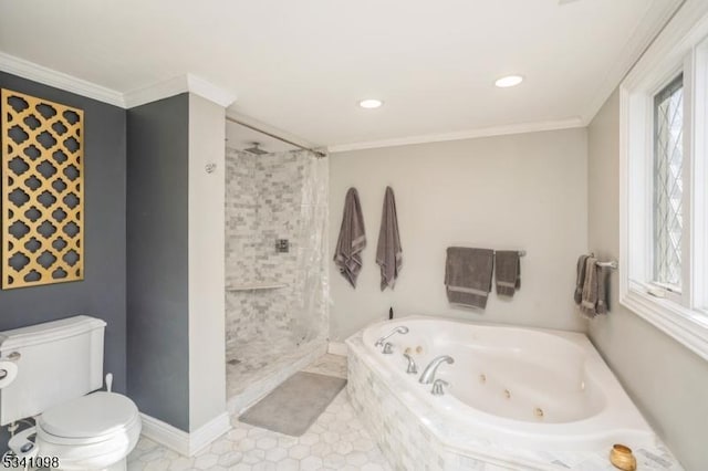 full bathroom featuring a tile shower, crown molding, and a jetted tub