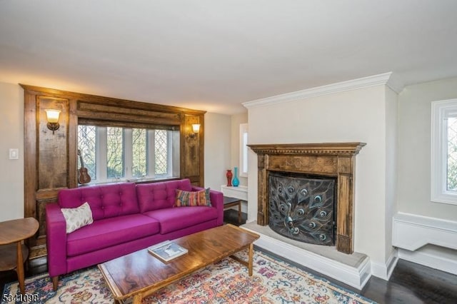 living area featuring ornamental molding, a fireplace, wood finished floors, and baseboards