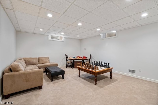 game room featuring recessed lighting, visible vents, and light colored carpet