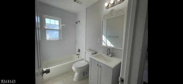 bathroom with visible vents, toilet, shower / tub combination, tile patterned floors, and vanity