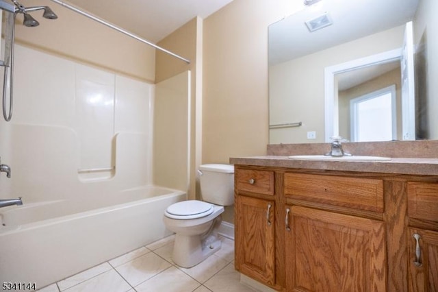 bathroom with visible vents, toilet, tile patterned flooring, shower / bath combination, and vanity