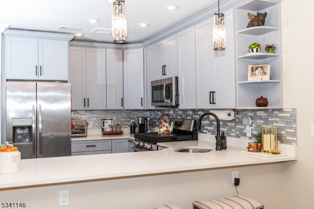 kitchen with stainless steel appliances, a sink, visible vents, backsplash, and open shelves