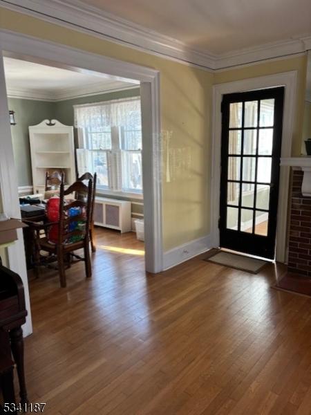 doorway to outside featuring wood finished floors, radiator, a healthy amount of sunlight, and ornamental molding