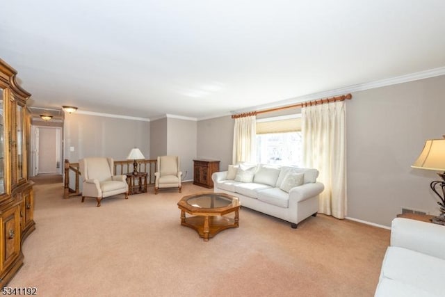 living area with light carpet, baseboards, and crown molding