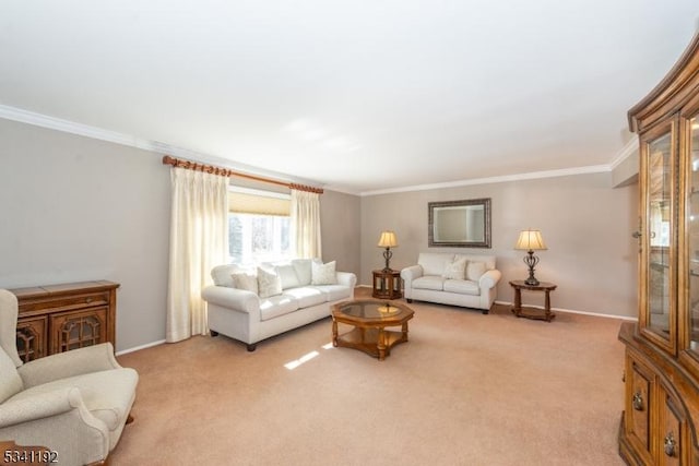 living room with ornamental molding, light colored carpet, and baseboards