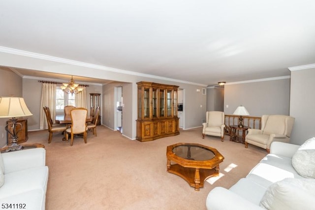 living area with light carpet, ornamental molding, and an inviting chandelier