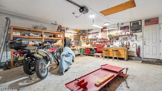 garage featuring a workshop area and a garage door opener