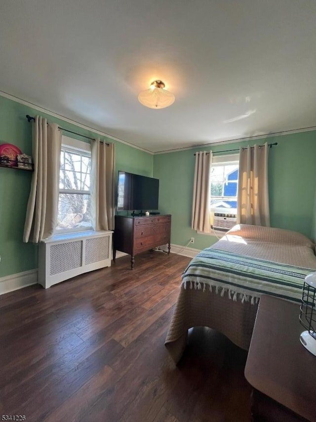 bedroom featuring radiator, multiple windows, crown molding, and wood finished floors