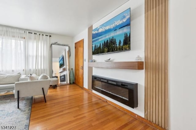 living area with a glass covered fireplace and wood finished floors