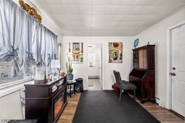 foyer featuring baseboard heating, a baseboard radiator, and wood finished floors