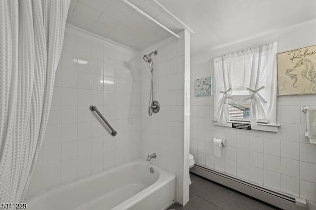 full bath with a baseboard heating unit, shower / bathtub combination with curtain, tile walls, and toilet