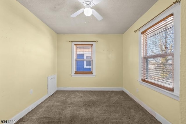 carpeted spare room with a wealth of natural light, a textured ceiling, and baseboards