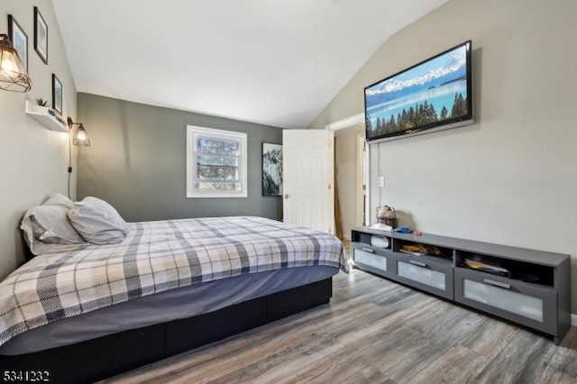 bedroom with lofted ceiling and wood finished floors