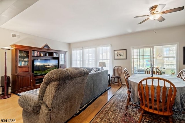 living area featuring ceiling fan, visible vents, and light wood-style floors