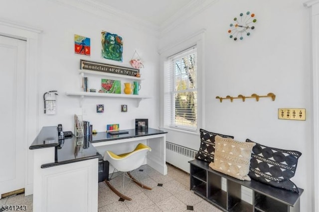 home office with light floors, crown molding, and radiator heating unit