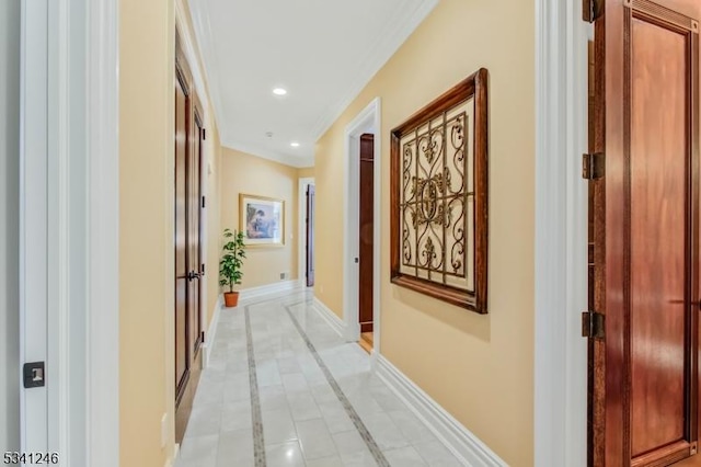 corridor featuring ornamental molding, recessed lighting, baseboards, and light tile patterned floors