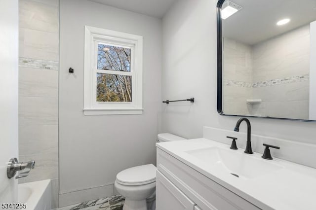 full bath with marble finish floor, vanity, toilet, and baseboards