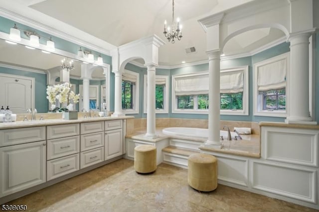 full bath featuring ornamental molding, visible vents, and decorative columns