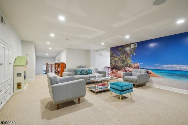 carpeted living room featuring visible vents, baseboards, and recessed lighting