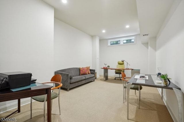 office space with baseboards, carpet floors, and recessed lighting