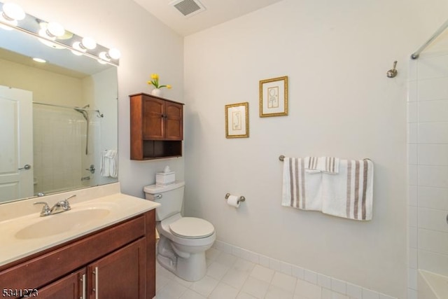 full bath with toilet, baseboards, visible vents, and vanity