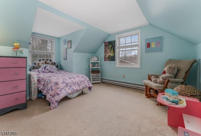 bedroom with carpet, vaulted ceiling, and a baseboard radiator