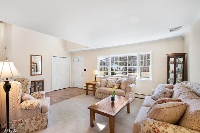 living area featuring visible vents, carpet flooring, a baseboard heating unit, and crown molding