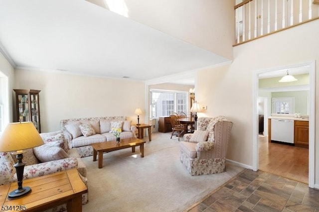 living room with stone finish flooring, baseboards, and ornamental molding