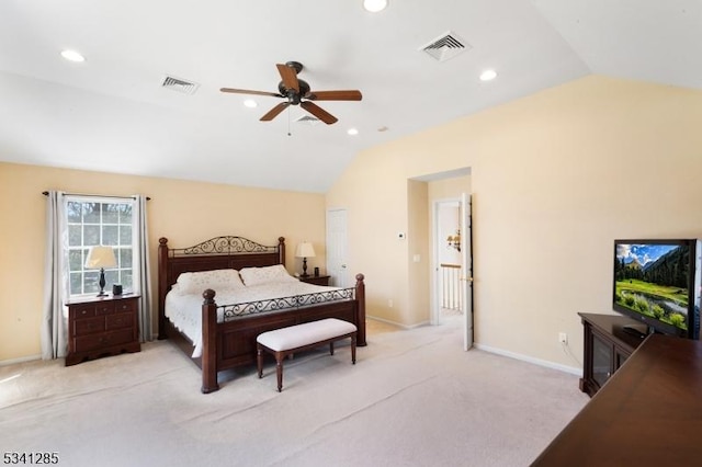 bedroom with recessed lighting, visible vents, light colored carpet, and vaulted ceiling