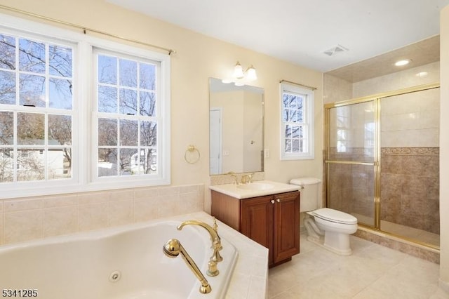 bathroom with visible vents, a tub with jets, a stall shower, and vanity