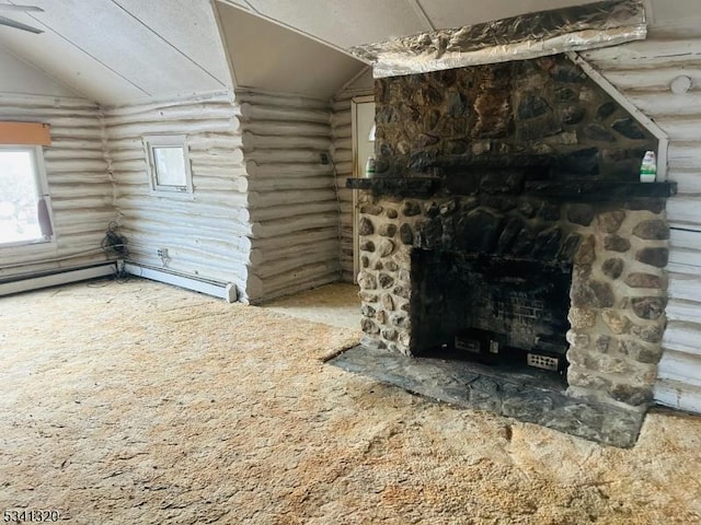 unfurnished living room with log walls, vaulted ceiling, a stone fireplace, and baseboard heating