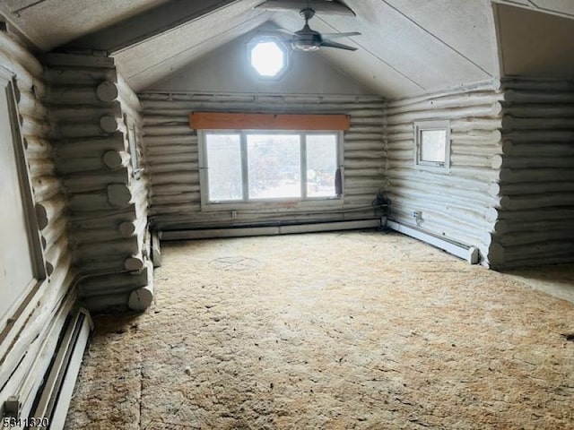 unfurnished living room featuring a baseboard heating unit, lofted ceiling, ceiling fan, and a baseboard radiator