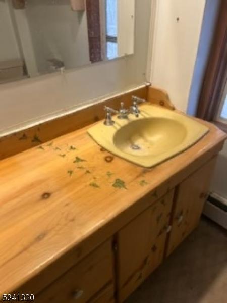 bathroom featuring baseboard heating and vanity