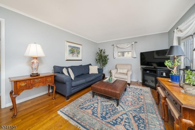 living room featuring ornamental molding, wood finished floors, and baseboards