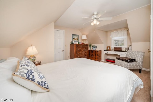 bedroom featuring carpet floors, ceiling fan, and vaulted ceiling