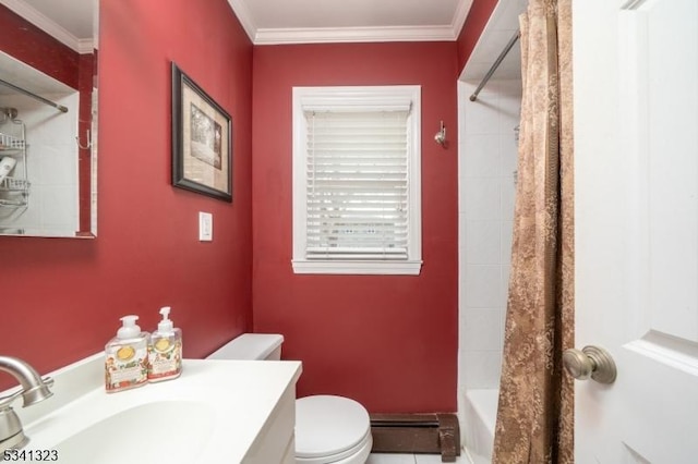 bathroom featuring toilet, shower / tub combo with curtain, baseboard heating, crown molding, and vanity