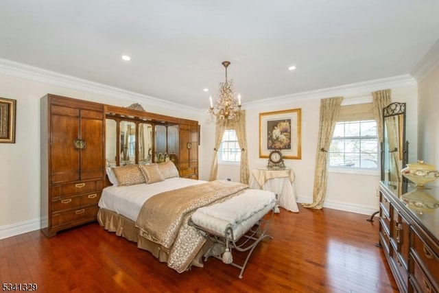 bedroom featuring crown molding, baseboards, and dark wood-style flooring