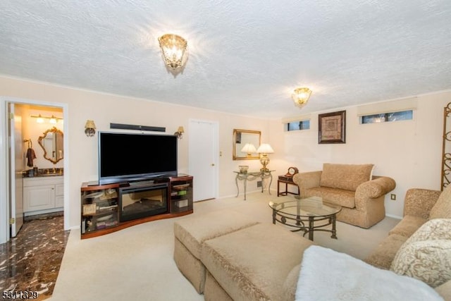 living area featuring a textured ceiling