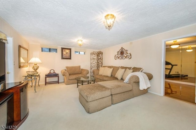 living room featuring a textured ceiling and carpet floors